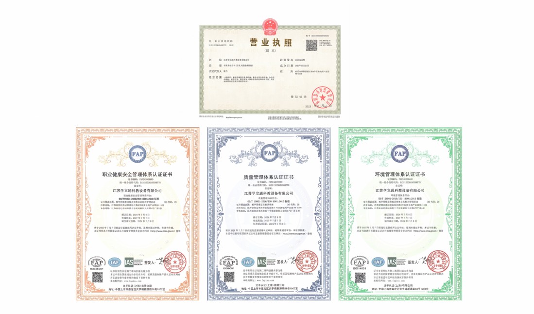江苏学立通科教设备有限公司资质证书展示，包括ISO9001、ISO45001、ISO14001认证证书